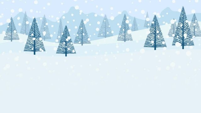 Snowfall in the mountains. Falling snowflakes on the forest. Animation of a winter background with copy space. Looping 4k footage