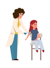 Kids vaccination. Doctor in medical uniform and child girl, children clinic, preventing infections and building immunity protection from disease vector isolated cartoon medical concept