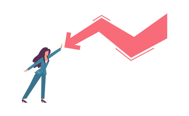 Woman try stopping falling arrow. Unpaid loan debt economic crisis and recession, sinking business and bankruptcy, company startup collapse, money problems concept vector illustration