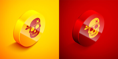 Isometric Skull icon isolated on orange and red background. Happy Halloween party. Circle button. Vector.
