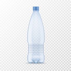 Plastic water bottle. Realistic container for mineral or soda drinks, blue empty package with cap for different liquids mockup 3d vector isolated on transparent background illustration