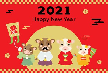 牛の4人家族の年賀状テンプレート