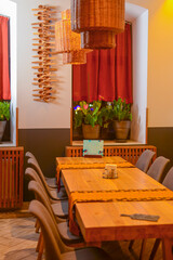 Ukrainian restaurant interior. Inside a restaurant. Set table, covered table ready for food.