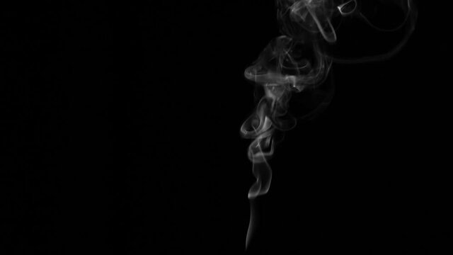 Thin Flexible Trickle of White Smoke. White clearly expressed smoke slowly rises from the bottom of the screen and forms elegant twists on a black background. Filmed at a speed of 120fps
