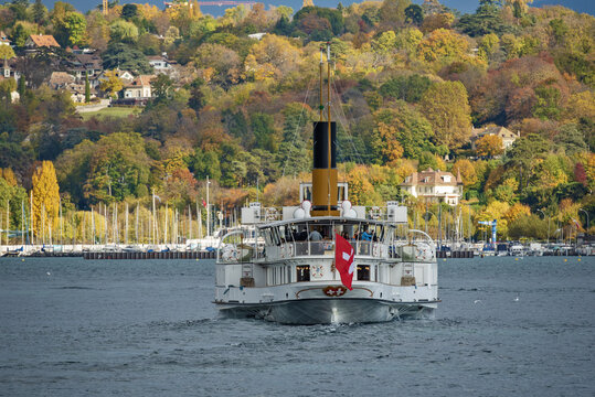 Vintage Steamboat Leaving The Harbor In Geneva, Switzerland