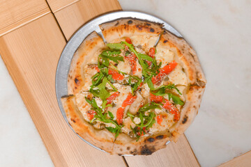 Image slices of pizza. Top view, flat lay. Italian cuisine concept, eating delicious pizza in a restaurant.