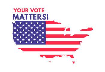 Usa voting label. American presidential election badge, united states of america map with flag in red blue and white colors, political party and president choice vector illustration