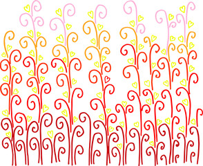Curls and hearts grow upward. Multi-colored curlicues yellow hearts.