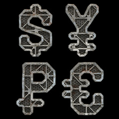 Mechanical alphabet made from rivet metal with gears on black background. Set of symbols dollar, yen, rouble and euro. 3D