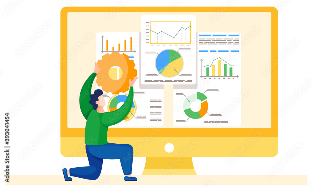 Poster man analyzing financial statistics on the background. manager is studying information about the metr