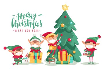 Christmas characters in masks poster. Cartoon vector elves in protective mask, decorated tree with gifts. Antiviral protective measure, stop spread viruses and beware epidemic covid-19