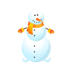 Snowman with hands in gloves and a scarf. New year, merry christmas. Vector illustration for print, gifts, wrapping paper, postcards. Snowman vector illustration on white background.