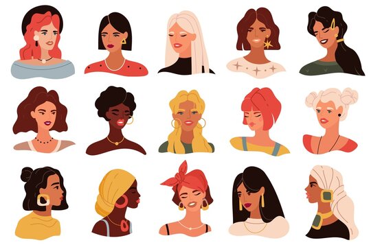 Female portrait. Women trendy images collection, modern multi ethnic girls heads icons, profile and full face with hairstyles. Blonde, brunette and red hair girls vector avatar set