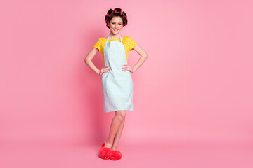 Full length body size view of her she nice-looking cheerful housewife wearing rollers hands on hips isolated over pink pastel color background