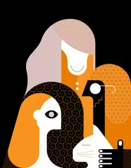 Gordijnen Drie mensen en een kat platte ontwerp vectorillustratie. Glimlachende man met een bril die een kat aait. ©  danjazzia