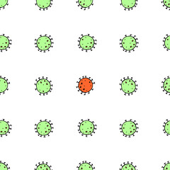Seamless pattern of molecules, cells of virus, bacteria. Pandemic, epidemic covid-19. Theme of quarantine, spread of coronavirus, vaccination. Vector hand drawn background in doodle style isolated