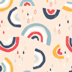 Simple seamless pattern with cartoon rainbows, decor elements.Creative scandinavian kids texture for fabric, wrapping, textile, wallpaper, apparel. Vector illustration