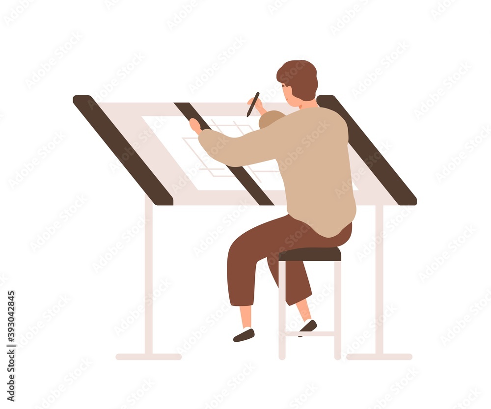 Aufkleber architect designer sit at desk and drawing architectural plan with pencil and ruler. man working on 