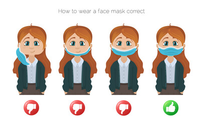 How to wear a face mask correct. Girl presenting the correct method of wearing a face mask. The wright and wrong way to wear a mask.