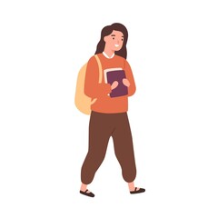 Happy girl go to school and carrying pile of books. Scene of smiling schoolgirl or cheerful student with backpack. Flat vector cartoon illustration of female teenage pupil isolated on white