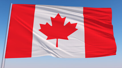 Realistic Waving National Flag of Canada In The Wind With Pole On Clear Blue Sky 3D Illustration