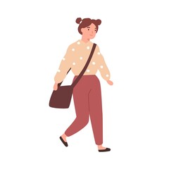 Scene of smiling schoolgirl or cheerful student going to school. Happy girl wearing with schoolbag. Flat vector cartoon illustration of teenage female pupil isolated on white