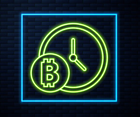 Glowing neon line Cryptocurrency coin Bitcoin with clock icon isolated on brick wall background. Physical bit coin. Blockchain based secure crypto currency. Vector.