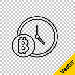 Black line Cryptocurrency coin Bitcoin with clock icon isolated on transparent background. Physical bit coin. Blockchain based secure crypto currency. Vector.