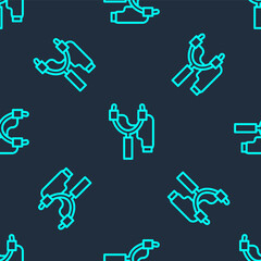 Green line Slingshot icon isolated seamless pattern on blue background. Vector.