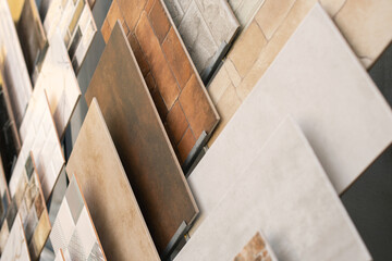 Close up photo of colorful floor tiles in shop.