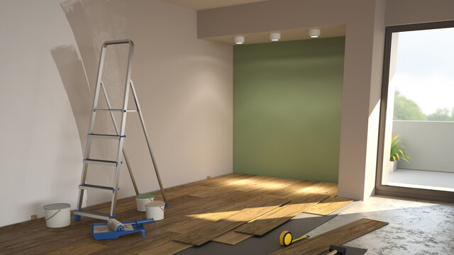 Repair in the modern apartment, empty interior with paints and ladder. 3d illustration