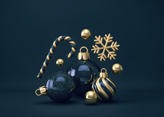 Dark blue and gold Christmas decor. Christmas balls, candy cane and snowflake