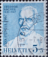 Switzerland - Circa 1967 : a postage stamp printed in the swiss showing a portrait of the doctor...