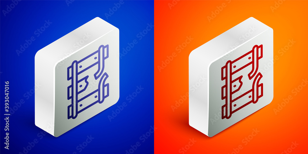 Poster isometric line broken or cracked rails on a railway icon isolated on blue and orange background. sil