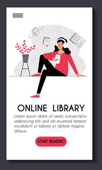 Mobile app template. Online library e learning. Young cute woman in headphones with a smartphone listens to audio books. Website home page design. Stock vector modern flat concept illustration