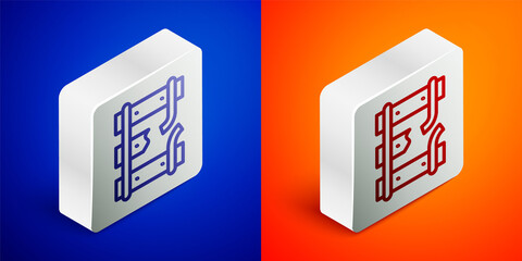 Isometric line Broken or cracked rails on a railway icon isolated on blue and orange background. Silver square button. Vector.