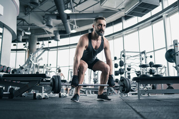 Obraz na płótnie Canvas Training in gym, Handsome man with a mustache, do muscle building exercises using dumbbells, focusing on lifting and sit-ups in a fitness sport.