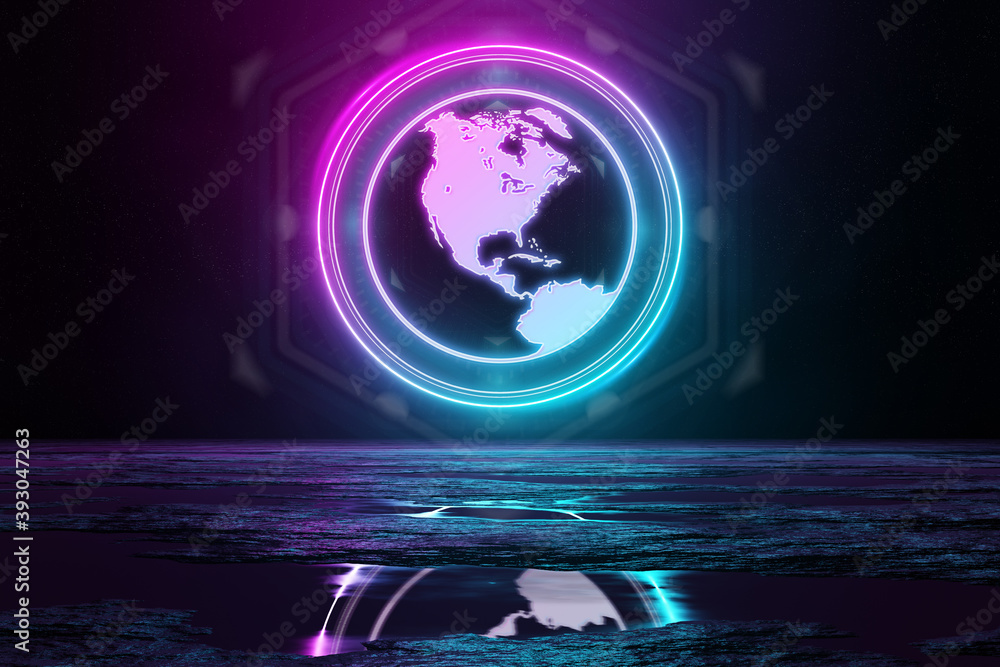 Sticker digital web holographic icon illuminating the floor with blue and pink neon light 3d rendering