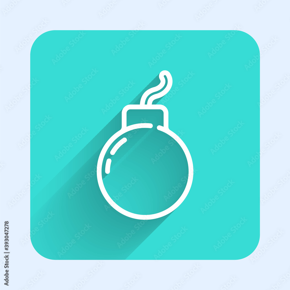 Poster white line bomb ready to explode icon isolated with long shadow. green square button. vector.