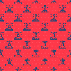 Blue line Lighthouse icon isolated seamless pattern on red background. Vector.