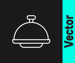 White line Covered with a tray of food icon isolated on black background. Tray and lid sign. Restaurant cloche with lid. Vector.