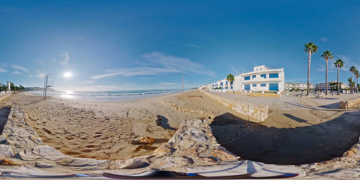 360 image early in the morning of Altafulla beach in Catalonia, Mediterranean Sea
