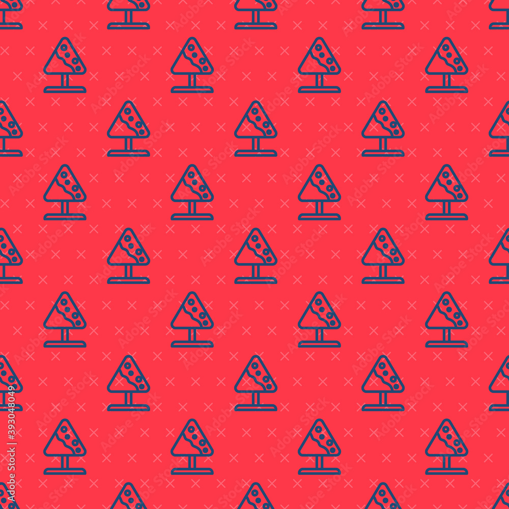 Poster blue line road sign avalanches icon isolated seamless pattern on red background. snowslide or snowsl