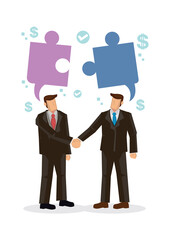 Business people shaking hands, connecting jigsaw puzzle in their mind.
