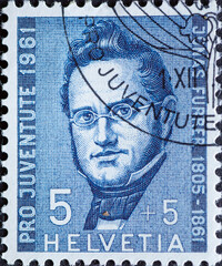 Switzerland - Circa 1961 : a postage stamp printed in the swiss showing  a portrait of the politician and the Swiss President Jonas Furrer
