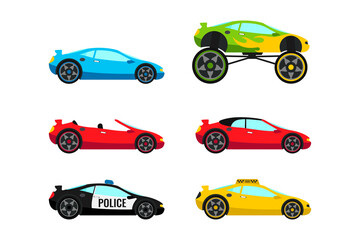 Cars transport flat icon, logo, sign, symbol set. Police, taxi, cabriolet, monster truck and street racing car transportation on white background. Vector illustration