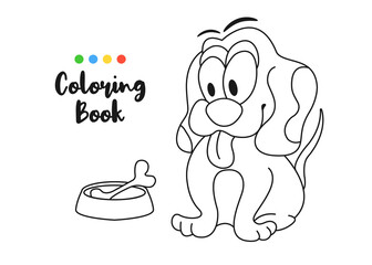 Coloring book page funny cartoon smile little dog with bone in plate. Educational game for kids and children. Vector illustration