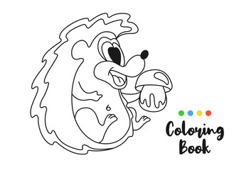 Coloring book page funny cartoon smile hedgehog with autumn mushroom. Educational game for kids and children. Vector illustration