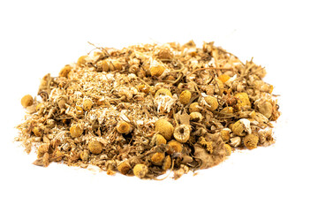 Selective focus. Dried chamomile flowers isolated on white background.
