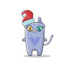 Vector cartoon Santa Claus cat character with red Santa hat isolated on white background. Funny Christmas kids poster or print design template.